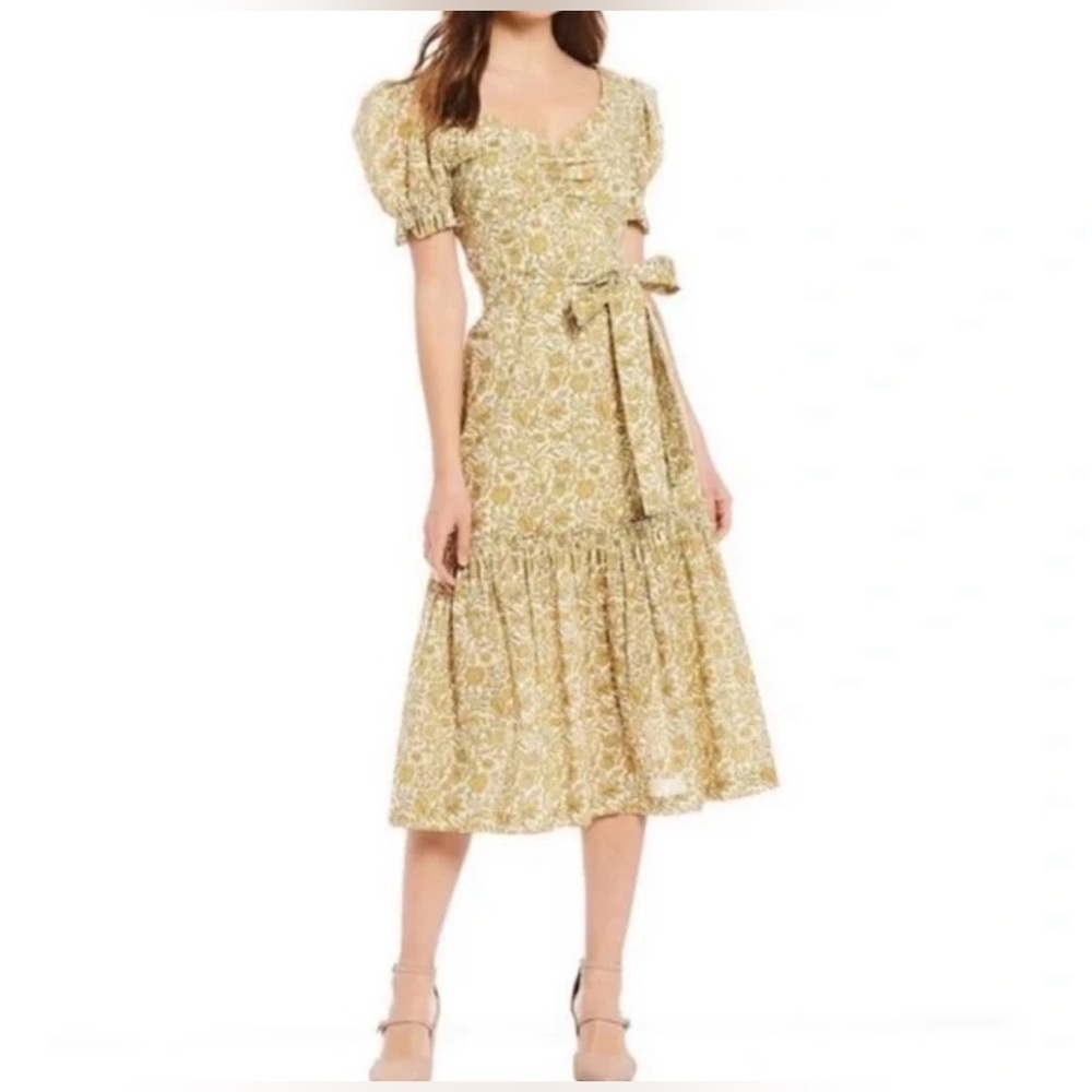 Antonio Melani‎ Green Floral Midi Dress Puff Sleeve Tie Waist Size 2 NWOT
